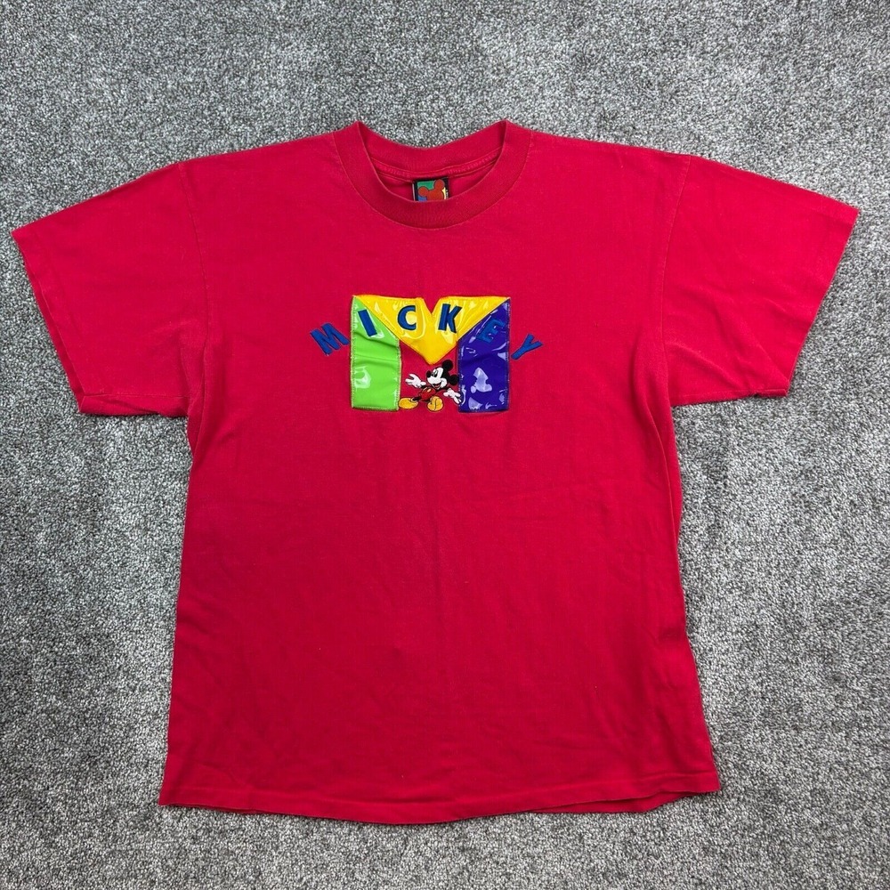 Vintage Mickey Unlimited Shirt Mens Large‎ Red Patch Logo Puff Print Embroidered